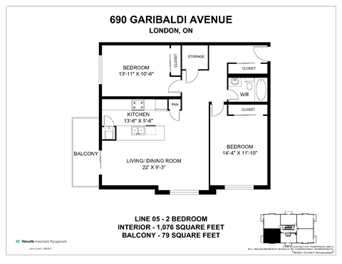 A floor plan for a property at 690 Garibaldi Avenue in London, Ontario, showing the layout of the bedrooms, living room, kitchen, and balcony.
